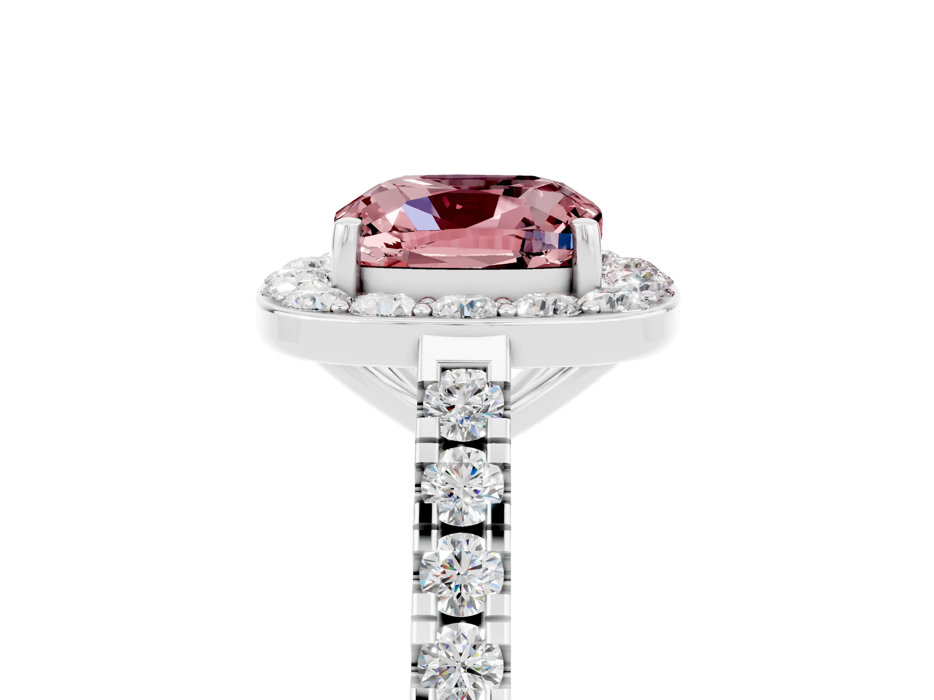 White gold Cushion Cut Halo Diamond Ring with Pavé Band and Three-Prong Setting_17