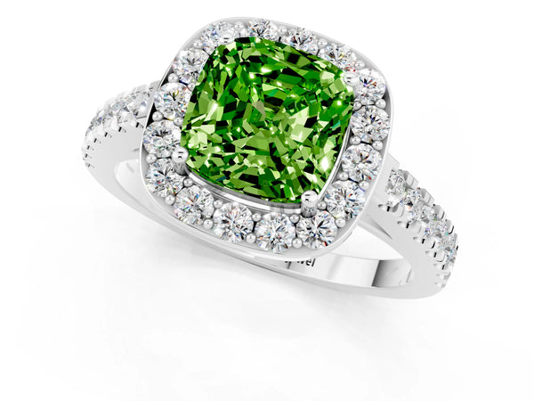 Silver Cushion Cut Halo Diamond Ring with Pavé Band and Three-Prong Setting