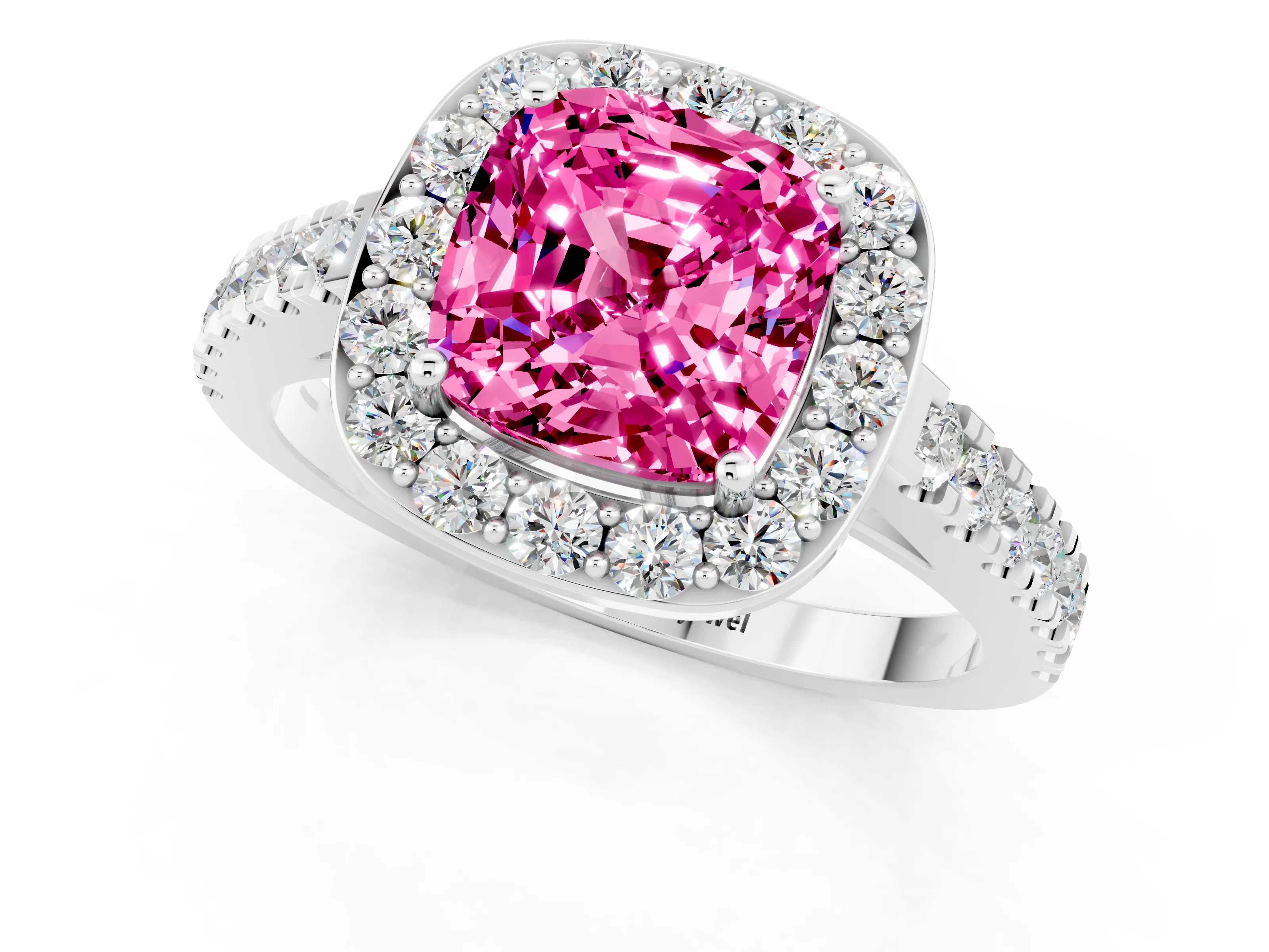 White gold Cushion Cut Halo Diamond Ring with Pavé Band and Three-Prong Setting_1