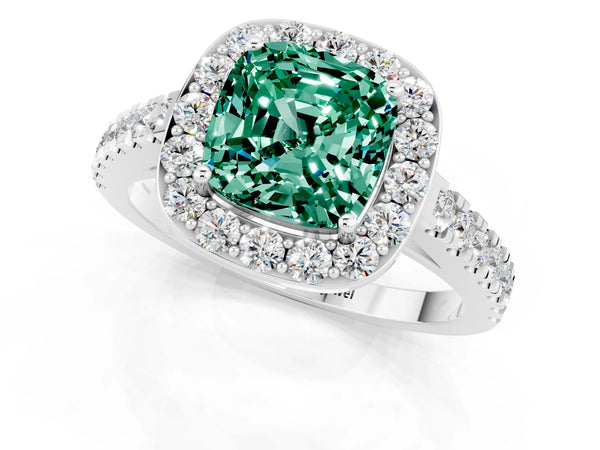 Silver Cushion Cut Green Sapphire Halo Ring with Round Pavé Split Shank and Prong Setting