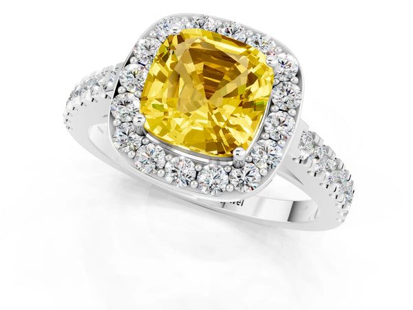 Platinum Cushion Cut Yellow Sapphire Halo Ring with Round Pavé Split Shank and Prong Setting