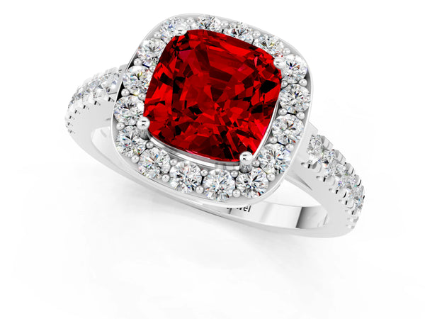 Silver Cushion Cut Ruby Halo Ring with Round Pavé Split Shank and Prong Setting