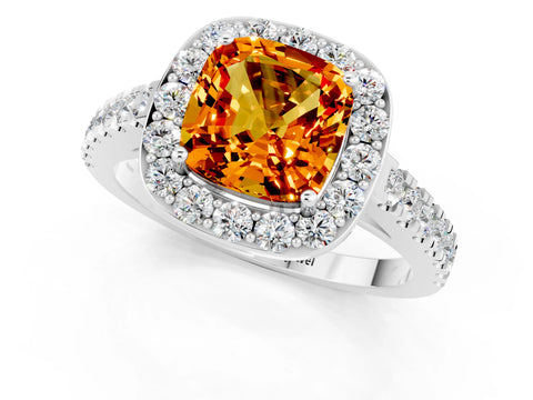 White gold Cushion Cut Halo Diamond Ring with Pavé Band and Three-Prong Setting_1