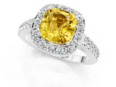 White gold Cushion Cut Halo Diamond Ring with Pavé Band and Three-Prong Setting_1