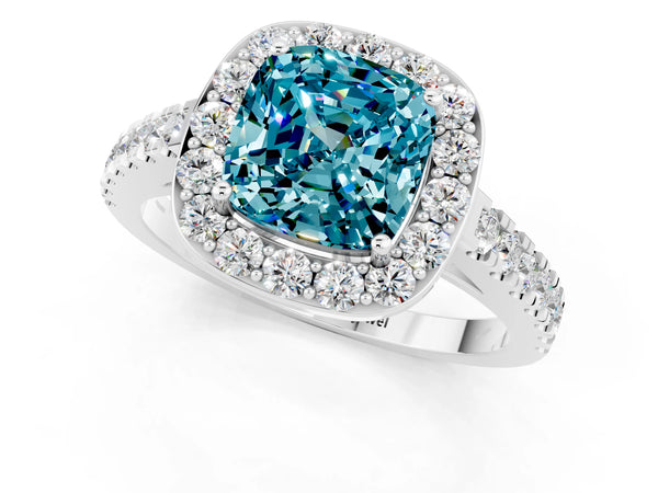 White gold Cushion Cut Halo Diamond Ring with Pavé Band and Three-Prong Setting