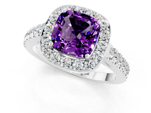 White gold Cushion Cut Halo Diamond Ring with Pavé Band and Three-Prong Setting_1