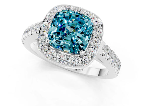 White gold Cushion Cut Halo Diamond Ring with Pavé Band and Three-Prong Setting_1