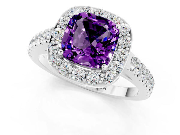 Platinum Cushion Cut Amethyst Halo Ring with Round Pavé Split Shank and Prong Setting
