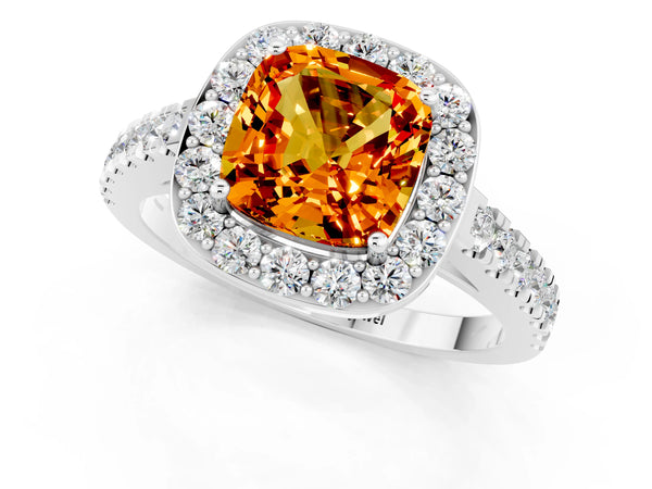 White gold Cushion Cut Citrine Halo Ring with Round Pavé Split Shank and Prong Setting