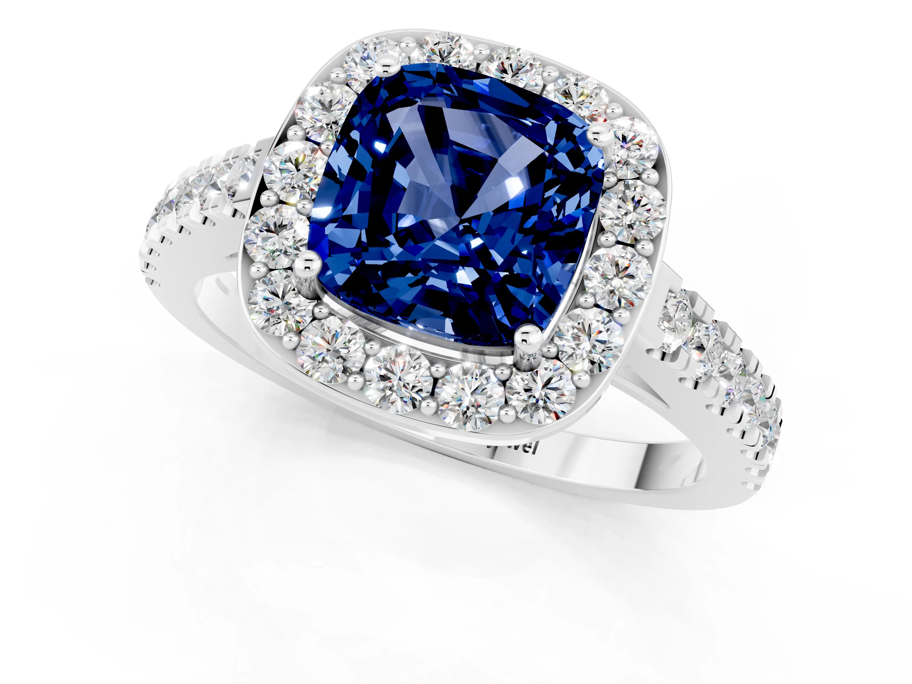 White gold Cushion Cut Halo Diamond Ring with Pavé Band and Three-Prong Setting_1