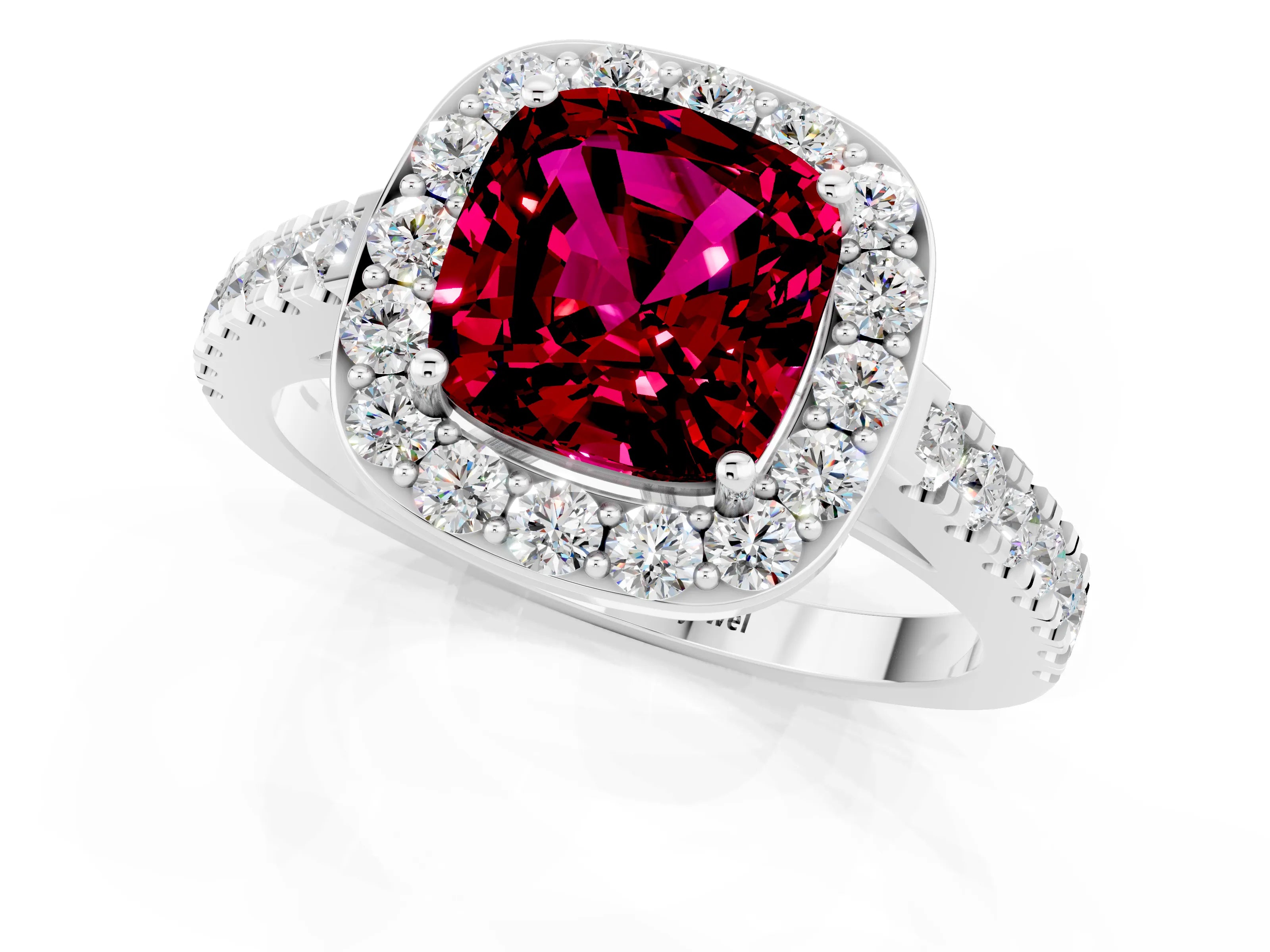 White gold Cushion Cut Halo Diamond Ring with Pavé Band and Three-Prong Setting_1