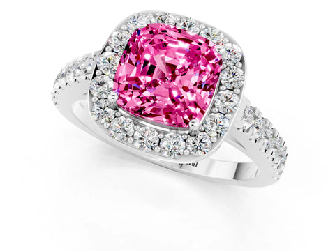 White gold Cushion Cut Halo Diamond Ring with Pavé Band and Three-Prong Setting_1