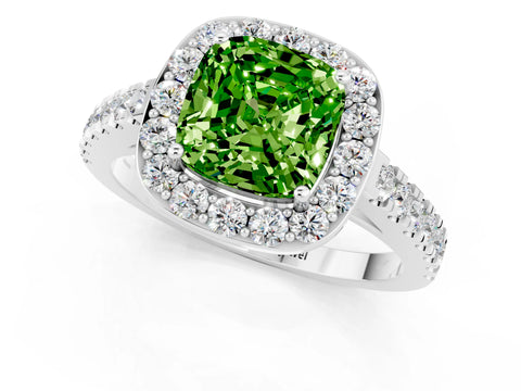 White gold Cushion Cut Halo Diamond Ring with Pavé Band and Three-Prong Setting_1