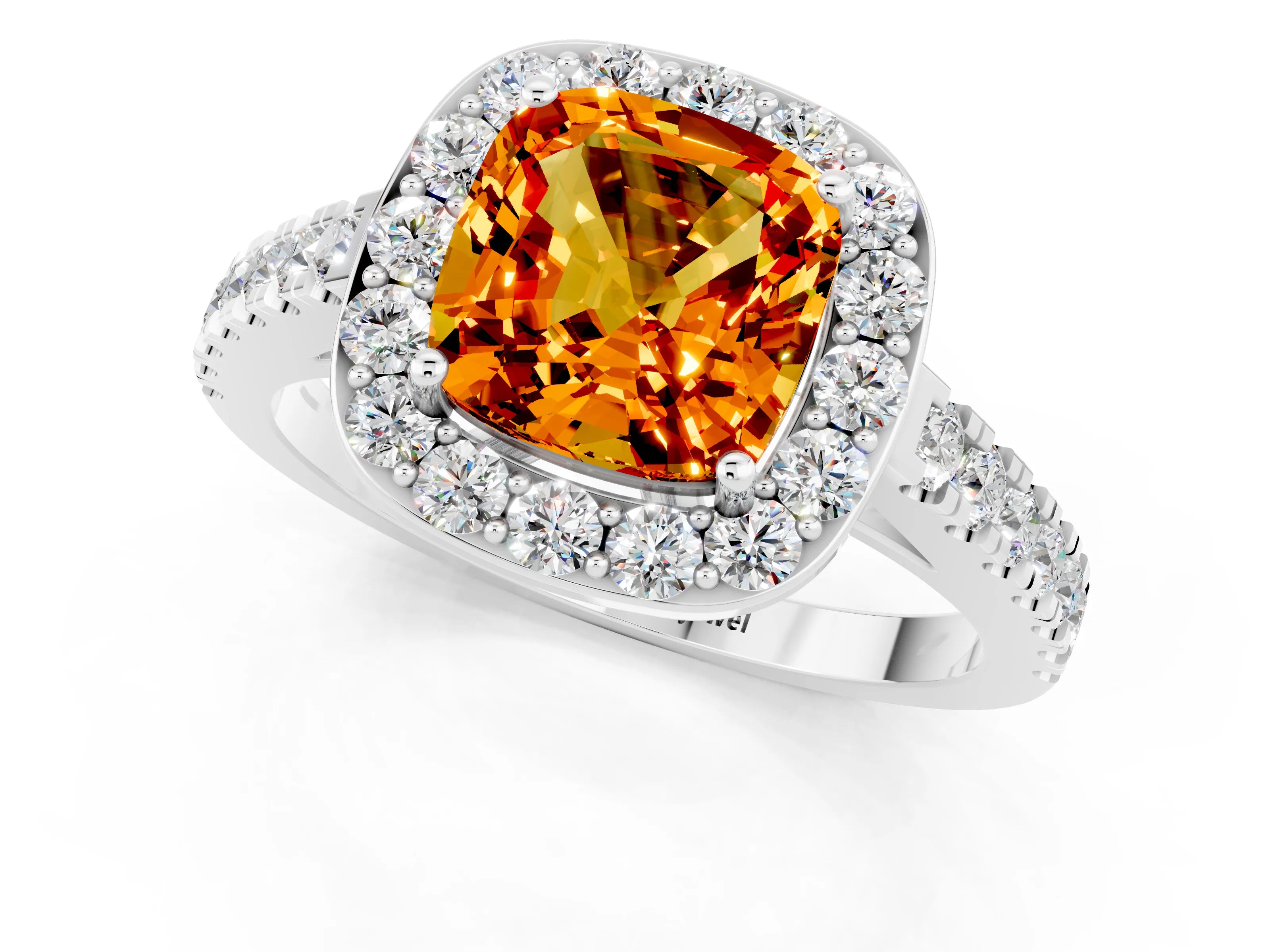 White gold Cushion Cut Halo Diamond Ring with Pavé Band and Three-Prong Setting_1