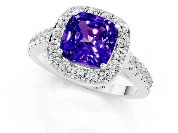 Silver Cushion Cut Tanzanite Halo Ring with Round Pavé Split Shank and Prong Setting