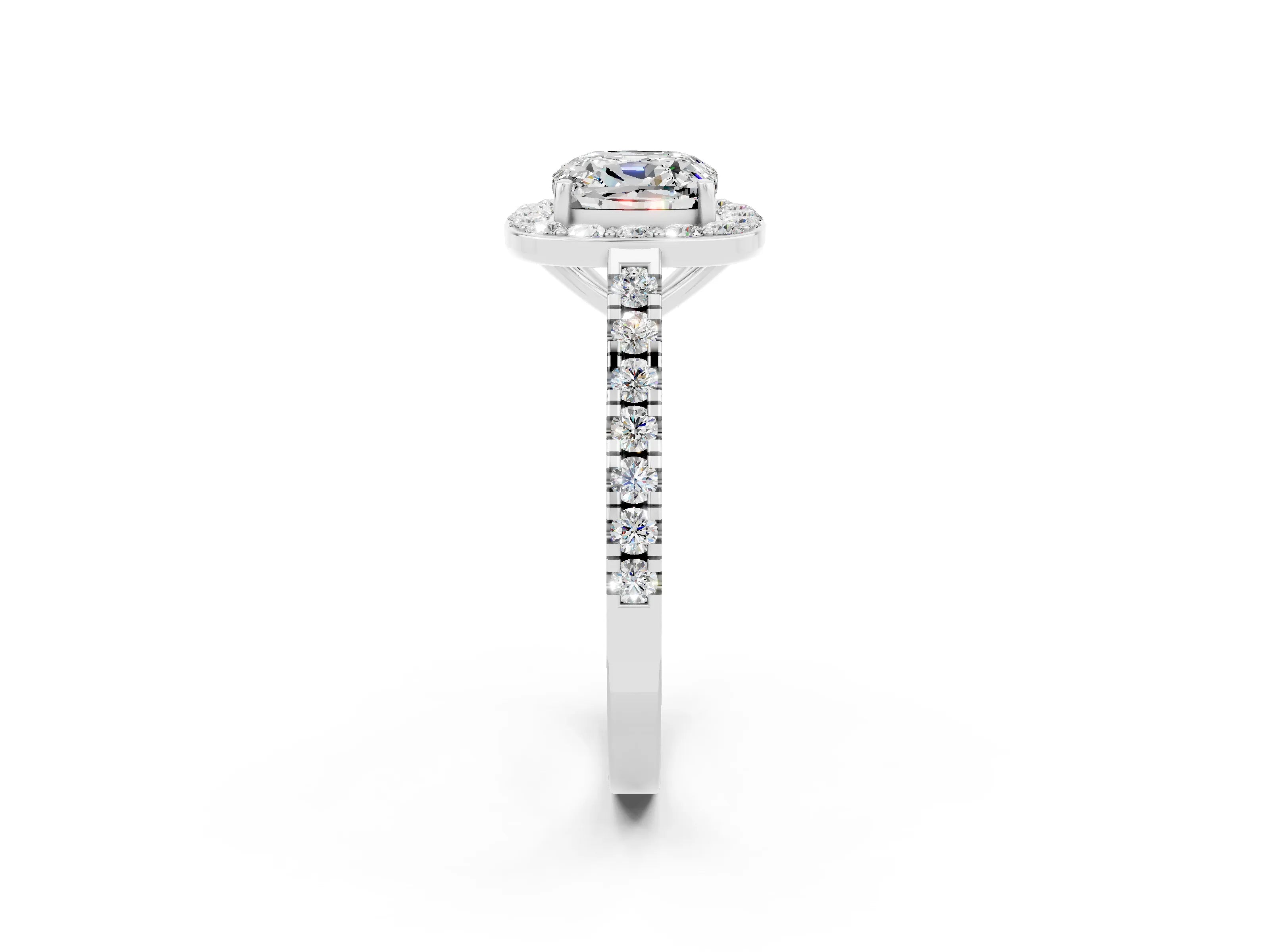 White gold Cushion Cut Halo Diamond Ring with Pavé Band and Three-Prong Setting_21