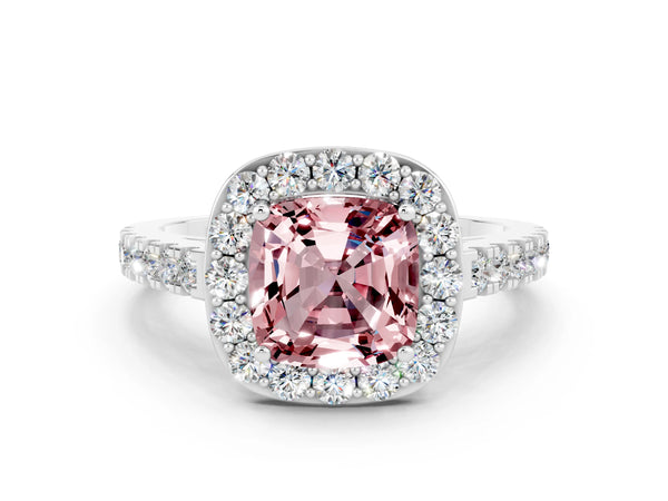 Silver Cushion Cut Halo Diamond Ring with Pavé Band and Three-Prong Setting