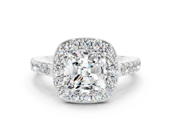 Platinum Cushion Cut Moissanite Halo Ring with Round Pavé Split Shank and Prong Setting