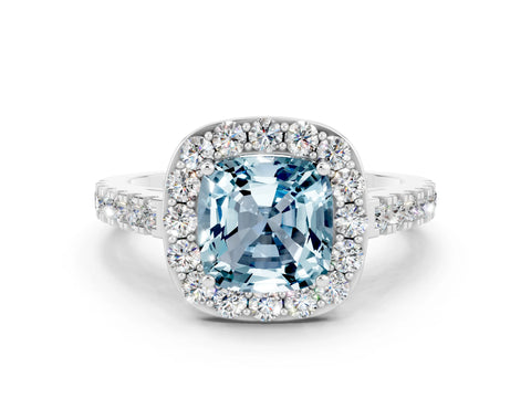 White gold Cushion Cut Halo Diamond Ring with Pavé Band and Three-Prong Setting_24