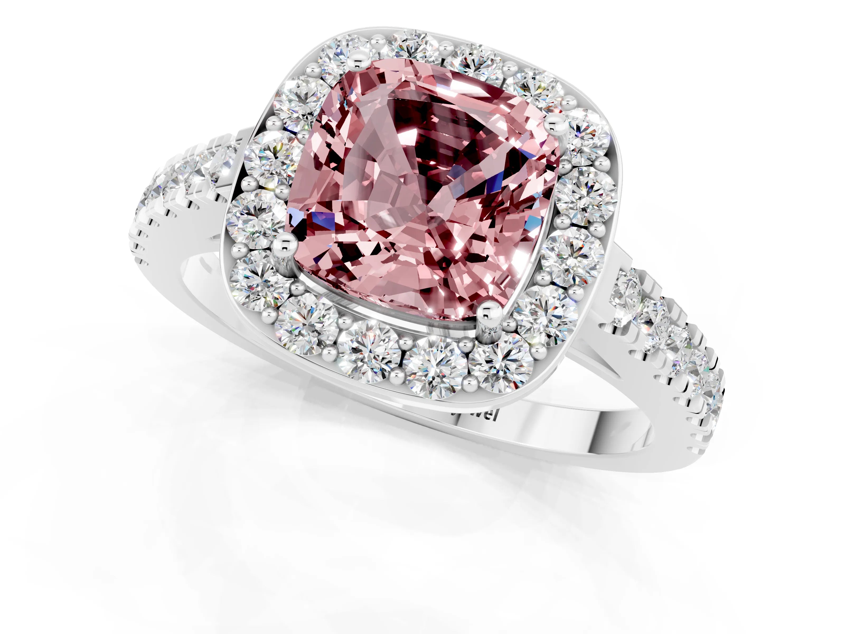 White gold Cushion Cut Halo Diamond Ring with Pavé Band and Three-Prong Setting_25