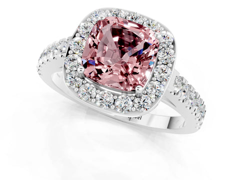 White gold Cushion Cut Halo Diamond Ring with Pavé Band and Three-Prong Setting_25