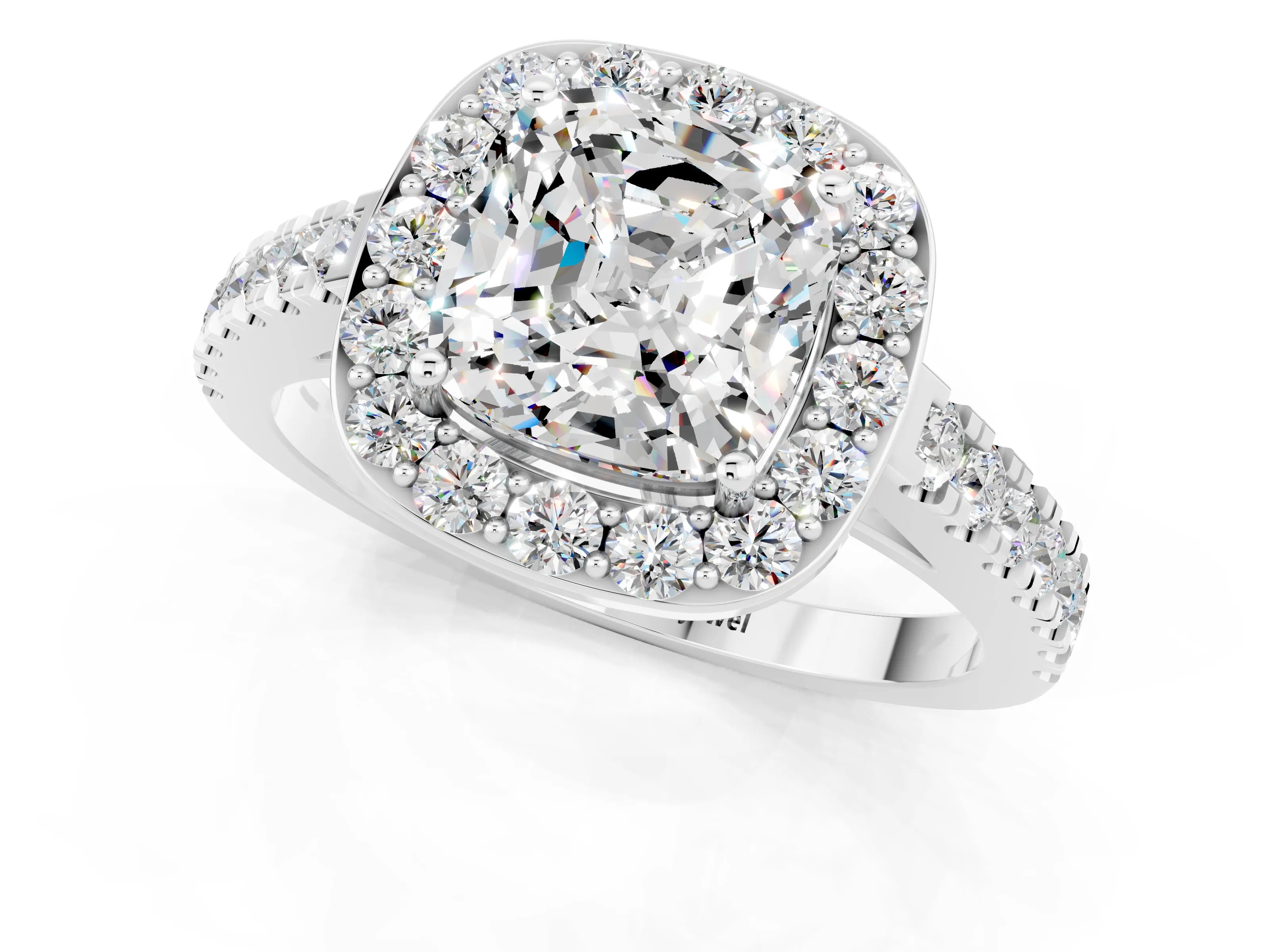 White gold Cushion Cut Halo Diamond Ring with Pavé Band and Three-Prong Setting_25