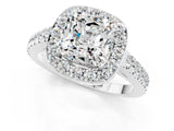 White gold Cushion Cut Halo Diamond Ring with Pavé Band and Three-Prong Setting_25