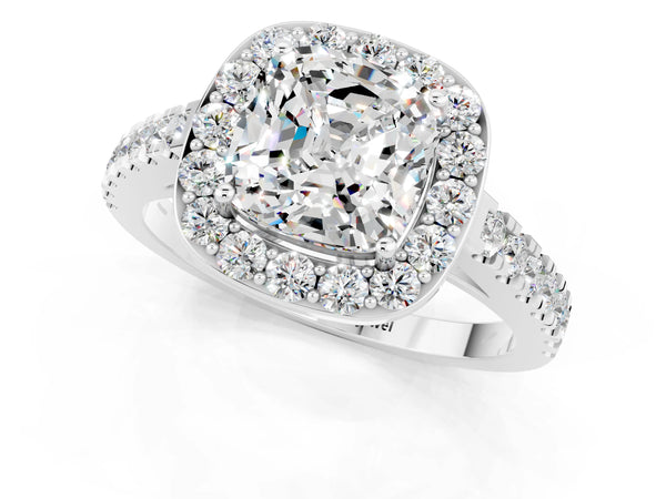 Silver Cushion Cut Moissanite Halo Ring with Round Pavé Split Shank and Prong Setting