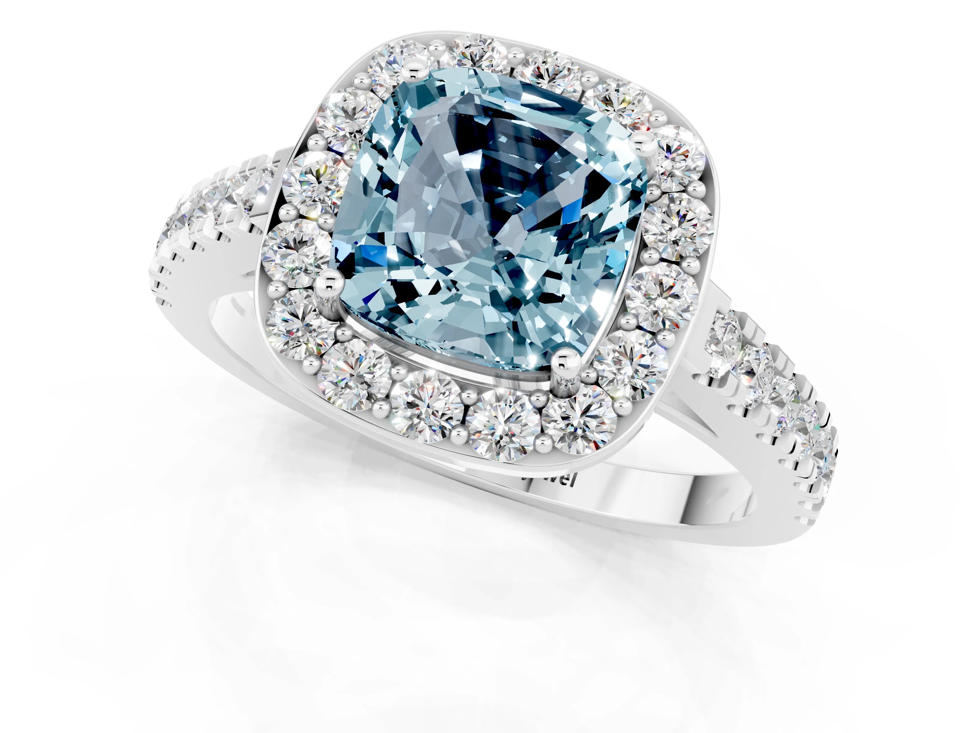 White gold Cushion Cut Halo Diamond Ring with Pavé Band and Three-Prong Setting_25