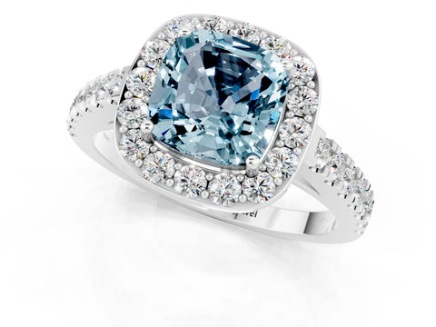 White gold Cushion Cut Halo Diamond Ring with Pavé Band and Three-Prong Setting_25
