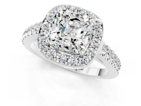 White gold Cushion Cut Halo Diamond Ring with Pavé Band and Three-Prong Setting_25