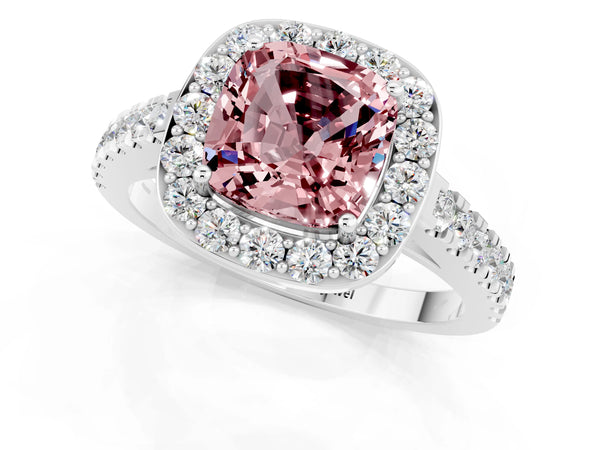 Silver Cushion Cut Halo Diamond Ring with Pavé Band and Three-Prong Setting