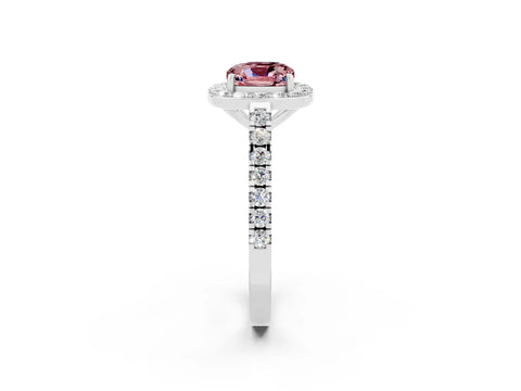 White gold Cushion Cut Halo Diamond Ring with Pavé Band and Three-Prong Setting_26