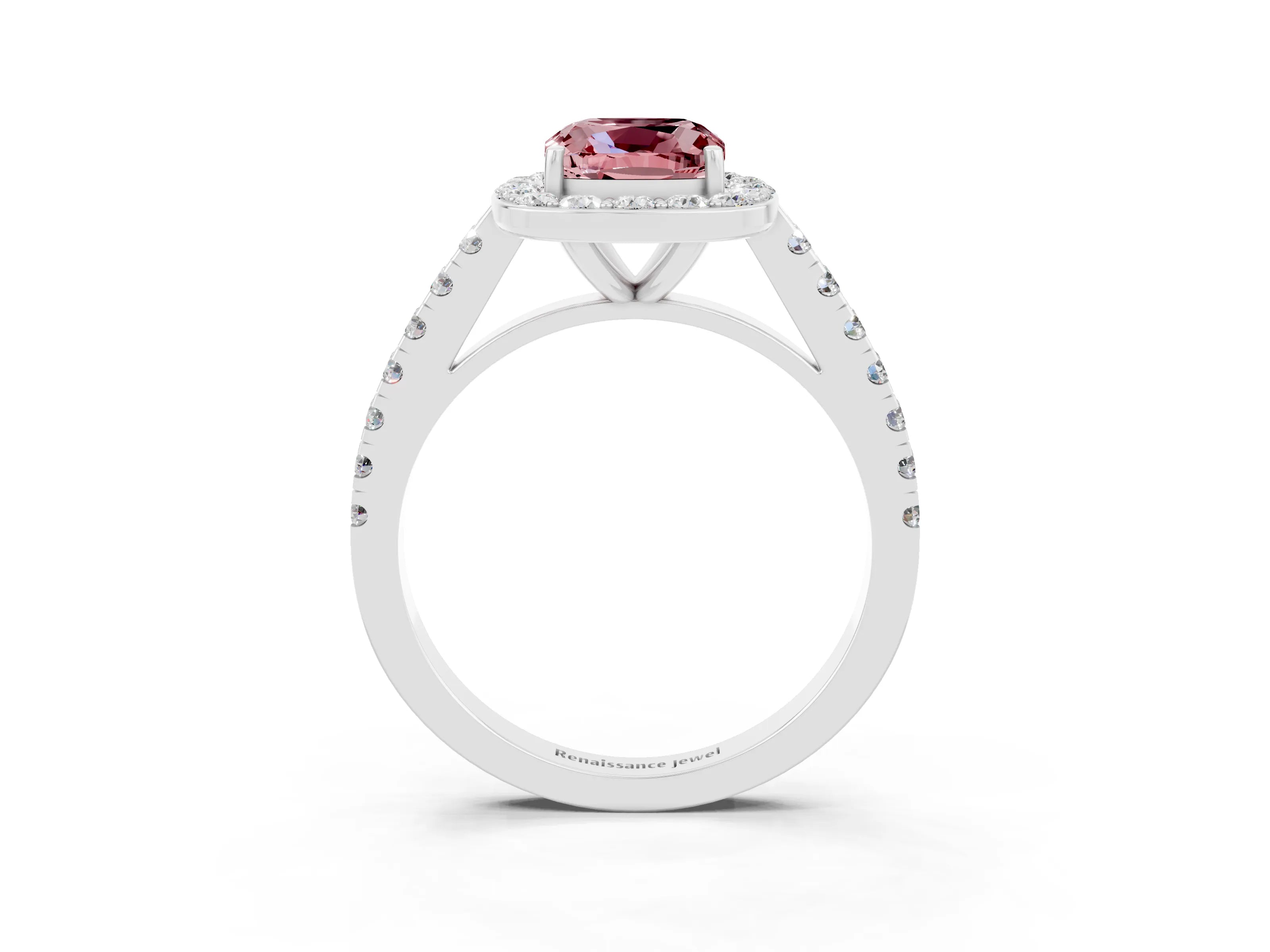 White gold Cushion Cut Halo Diamond Ring with Pavé Band and Three-Prong Setting_27