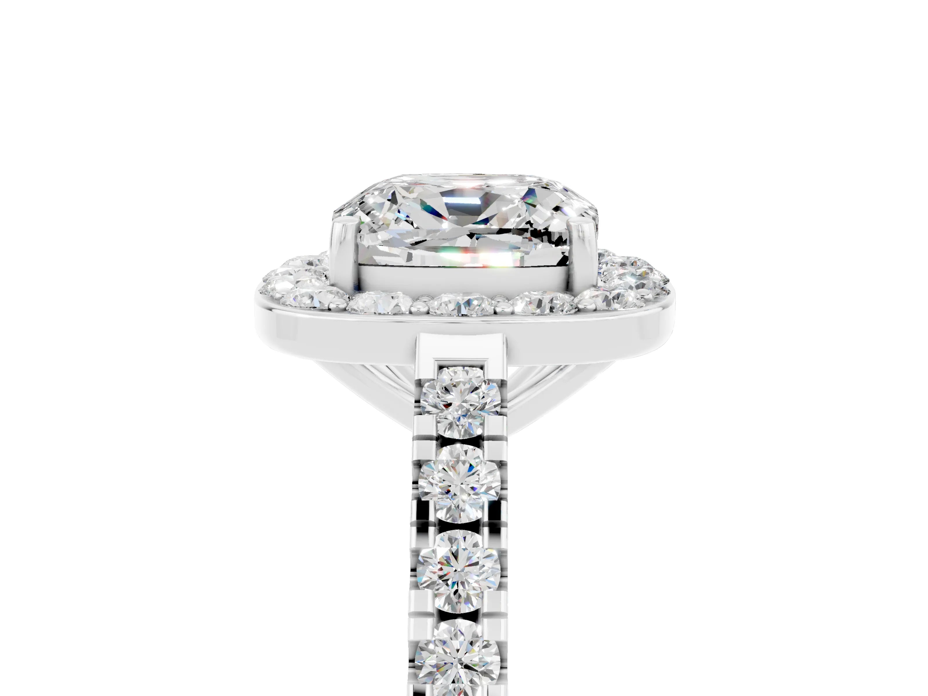 White gold Cushion Cut Halo Diamond Ring with Pavé Band and Three-Prong Setting_29
