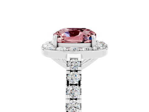 White gold Cushion Cut Halo Diamond Ring with Pavé Band and Three-Prong Setting_29