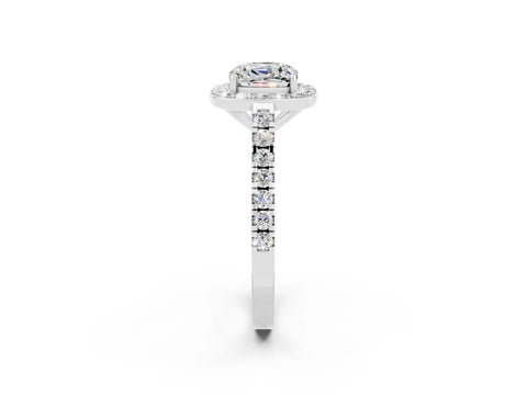 White gold Cushion Cut Halo Diamond Ring with Pavé Band and Three-Prong Setting_2