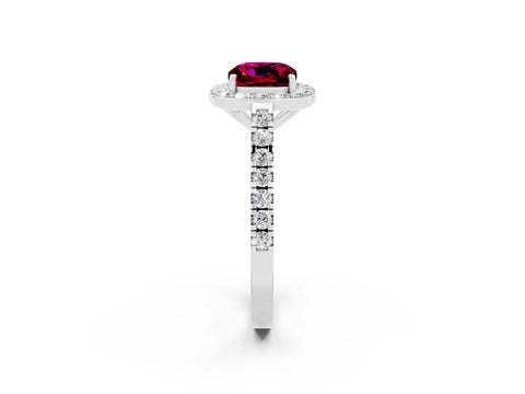 White gold Cushion Cut Halo Diamond Ring with Pavé Band and Three-Prong Setting_2