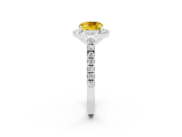 White gold Cushion Cut Yellow Sapphire Halo Ring with Round Pavé Split Shank and Prong Setting