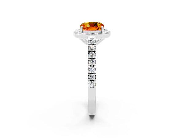 Platinum Cushion Cut Citrine Halo Ring with Round Pavé Split Shank and Prong Setting