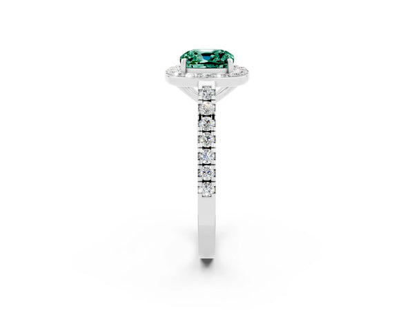 White gold Cushion Cut Green Sapphire Halo Ring with Round Pavé Split Shank and Prong Setting