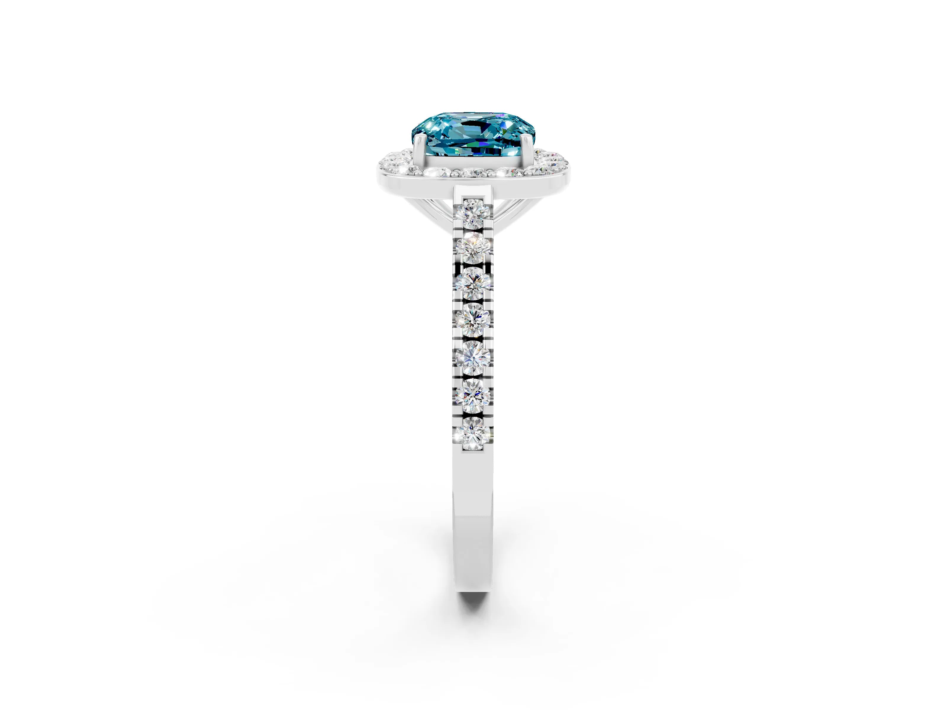 White gold Cushion Cut Halo Diamond Ring with Pavé Band and Three-Prong Setting_2