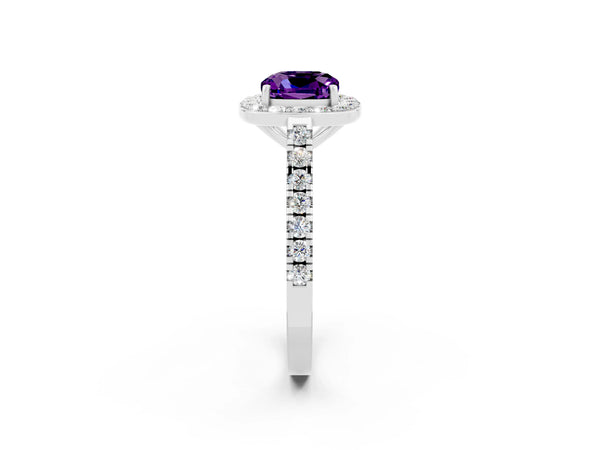 Silver Cushion Cut Amethyst Halo Ring with Round Pavé Split Shank and Prong Setting