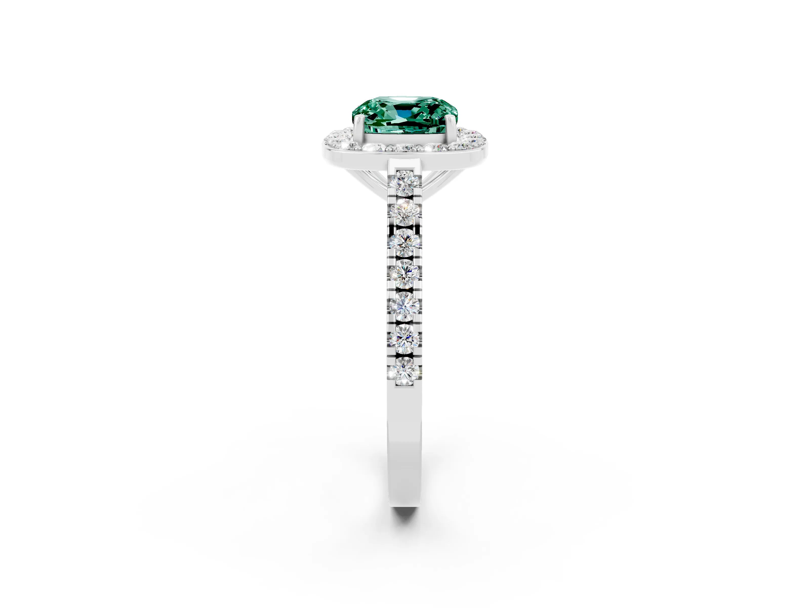 White gold Cushion Cut Halo Diamond Ring with Pavé Band and Three-Prong Setting_2