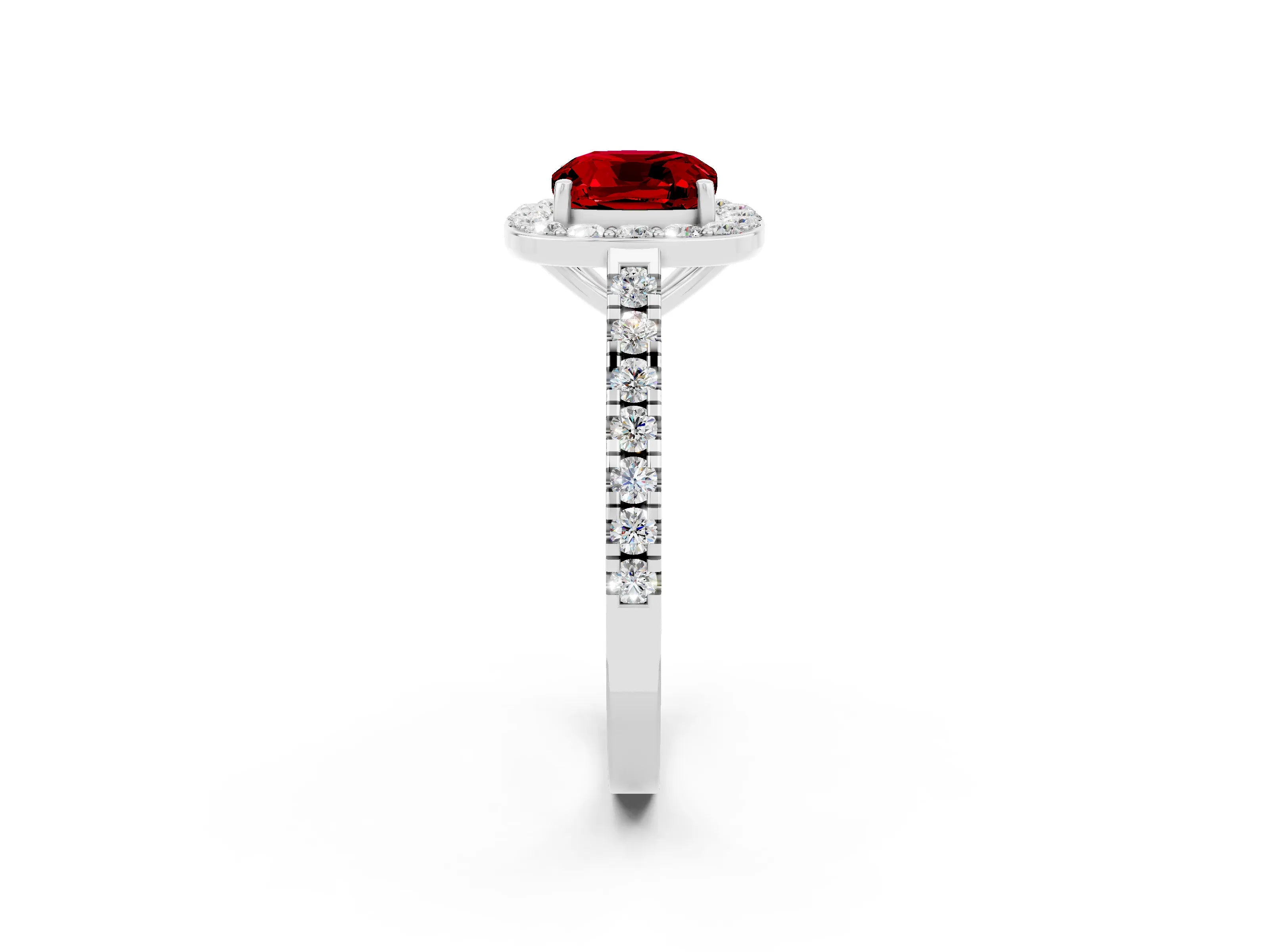 White gold Cushion Cut Halo Diamond Ring with Pavé Band and Three-Prong Setting_2