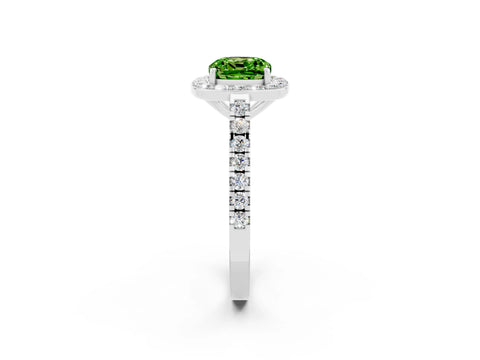 White gold Cushion Cut Halo Diamond Ring with Pavé Band and Three-Prong Setting_2