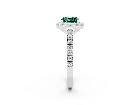 White gold Cushion Cut Halo Diamond Ring with Pavé Band and Three-Prong Setting_2