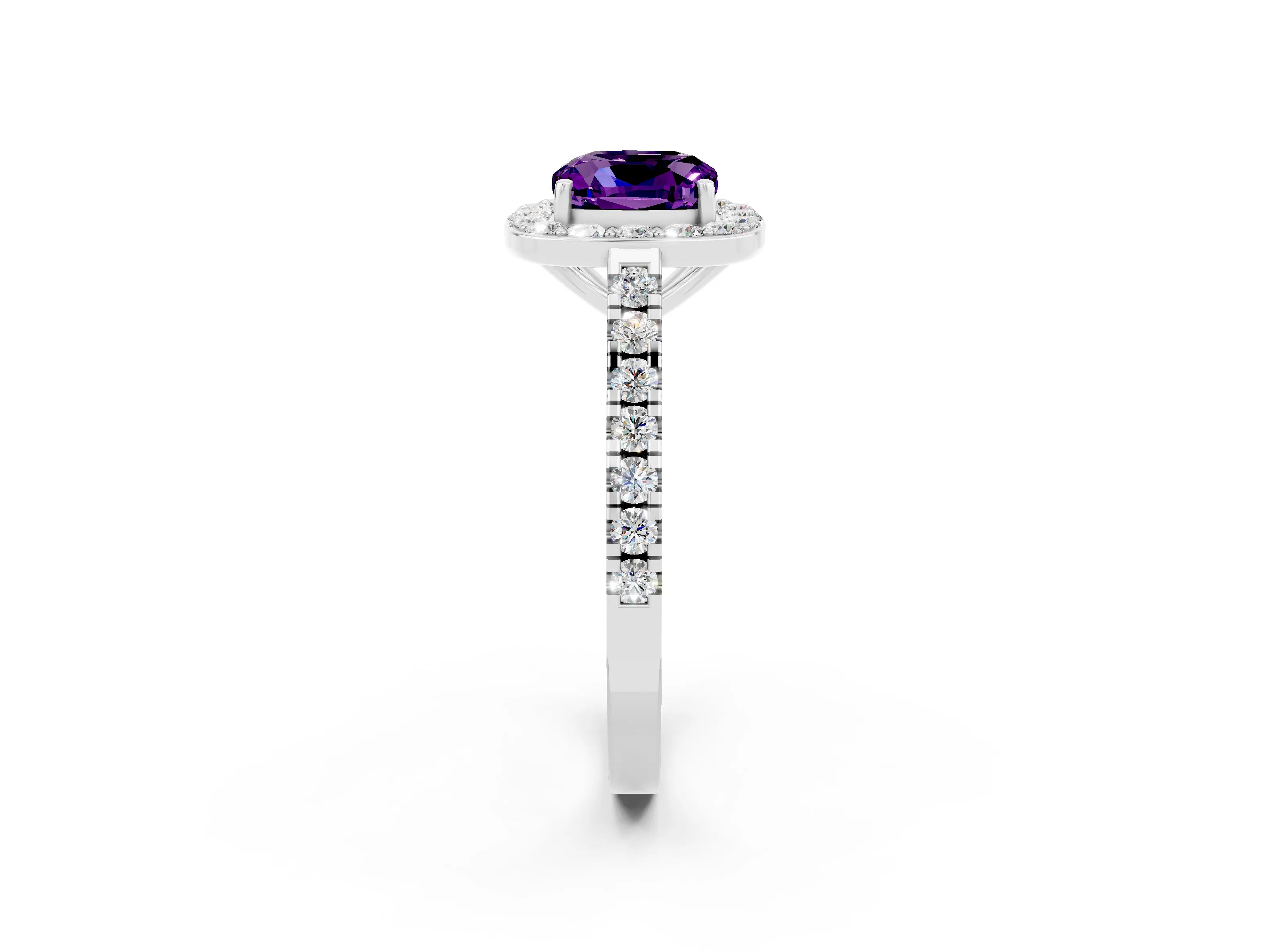 White gold Cushion Cut Halo Diamond Ring with Pavé Band and Three-Prong Setting_2
