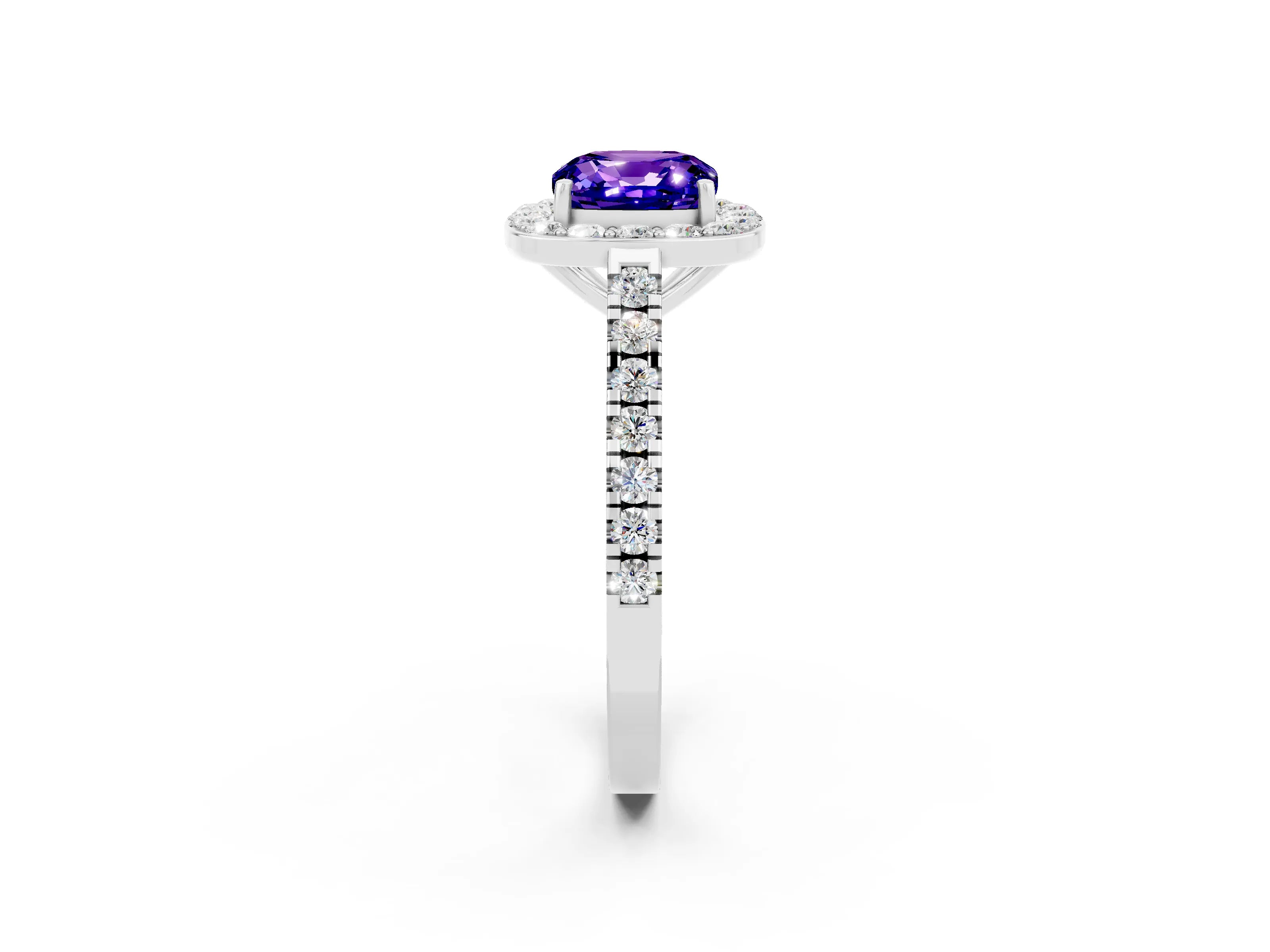 White gold Cushion Cut Halo Diamond Ring with Pavé Band and Three-Prong Setting_2