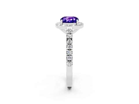 White gold Cushion Cut Halo Diamond Ring with Pavé Band and Three-Prong Setting_2